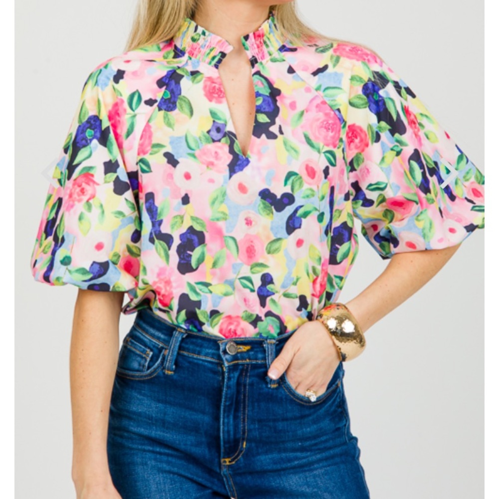 The Blue Door Boutique | NWOT Women’s Posie Puff Floral Sleeve Top | Medium | - Picture 1 of 12